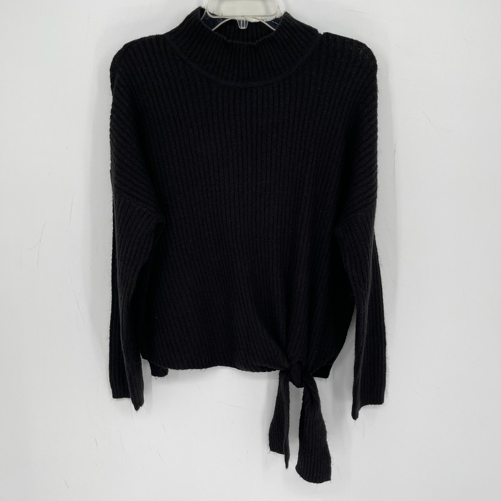 JohnPaulRichard Women's Black Ribbed Tie Hem Mock Neck Fall Sweater Top Size M